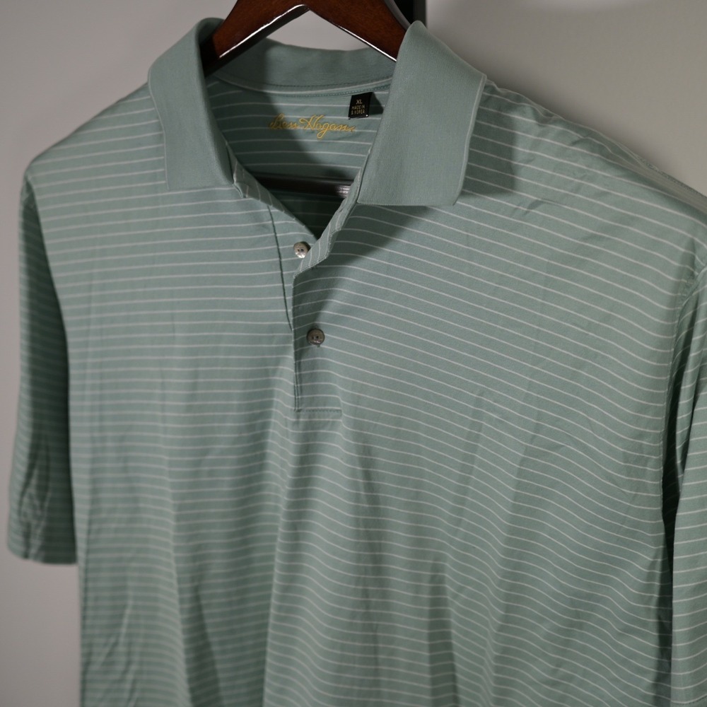 Ben Hogan Mens XL Sage Green Striped Double Mercerized Cotton Golf Polo Shirt